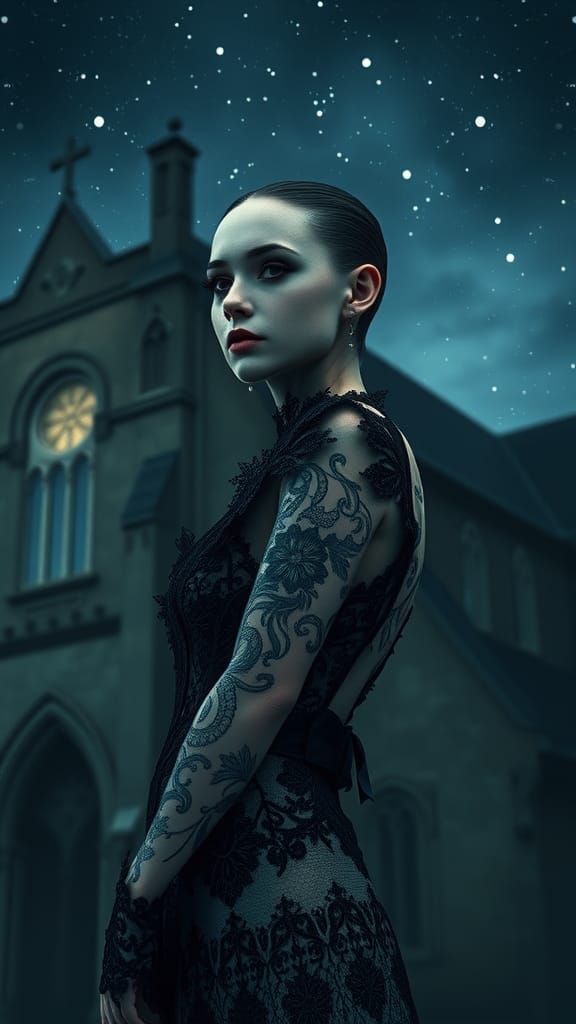 Gothic Bride with Tattoos in Dark Fantasy Scene
