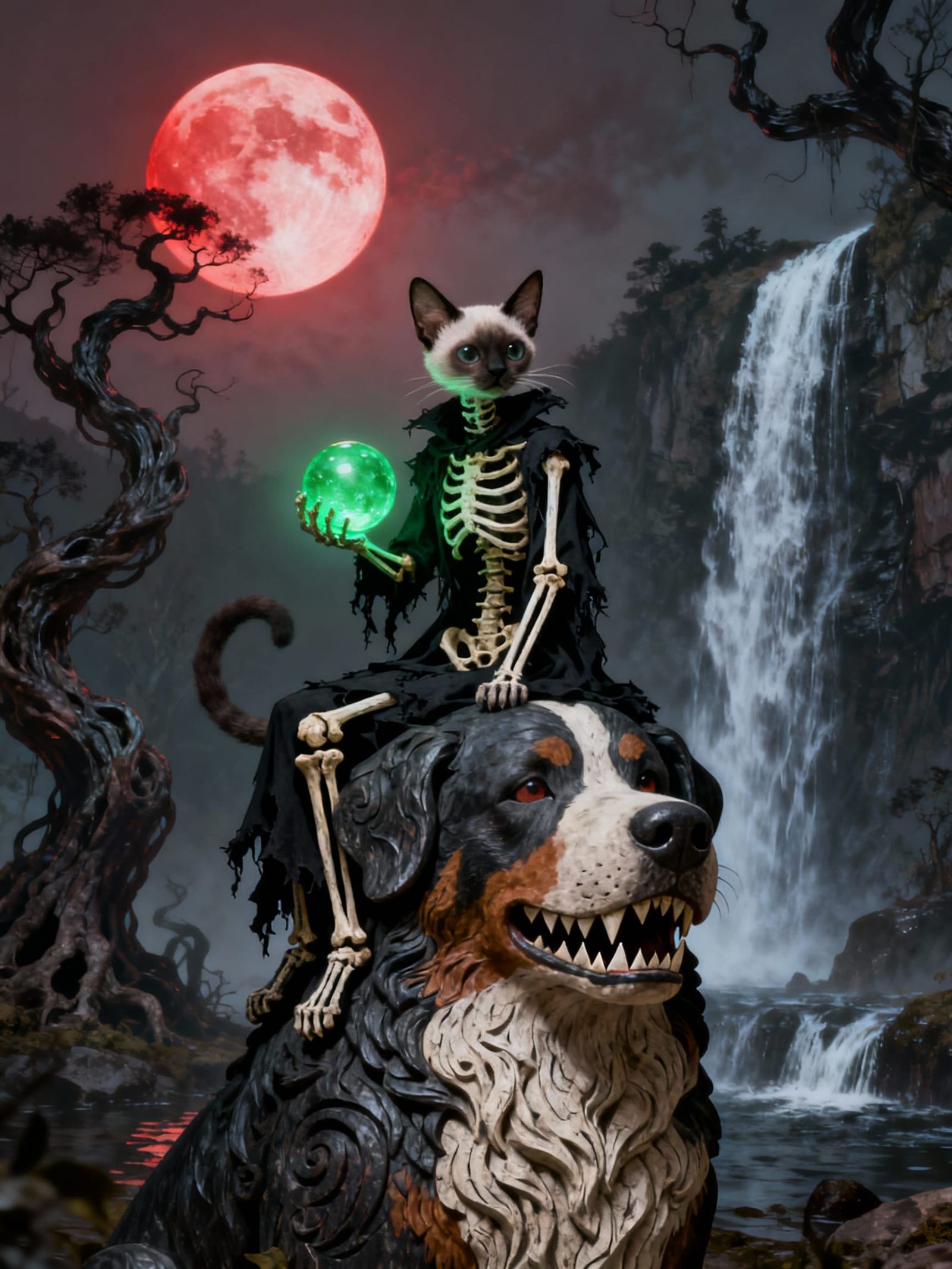 Skeletal Siamese Cat Holds Glowing Orb on Menacing Dog Sculp...