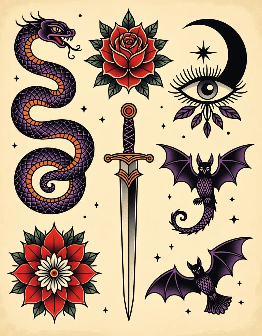 Mystic Midnight Tattoo Flash Sheet in Noir Style