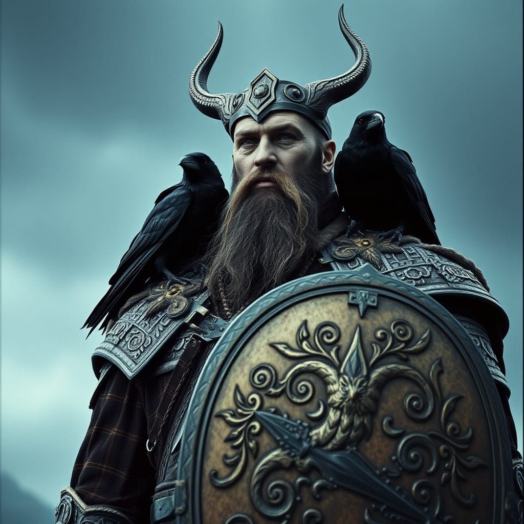 Norse God Odin with Majestic Crows and Celestial Armor