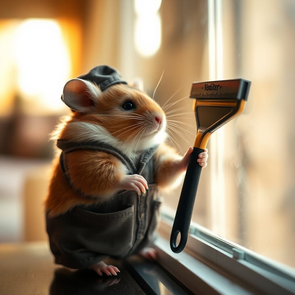Hamster Janitor Cleans Window, Professional Photography