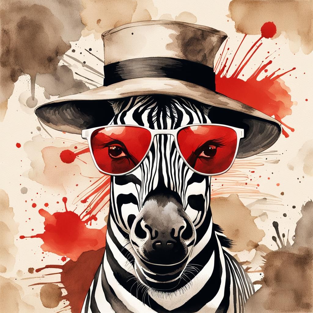 Zebra in Hats: Ink and Wash Illustration