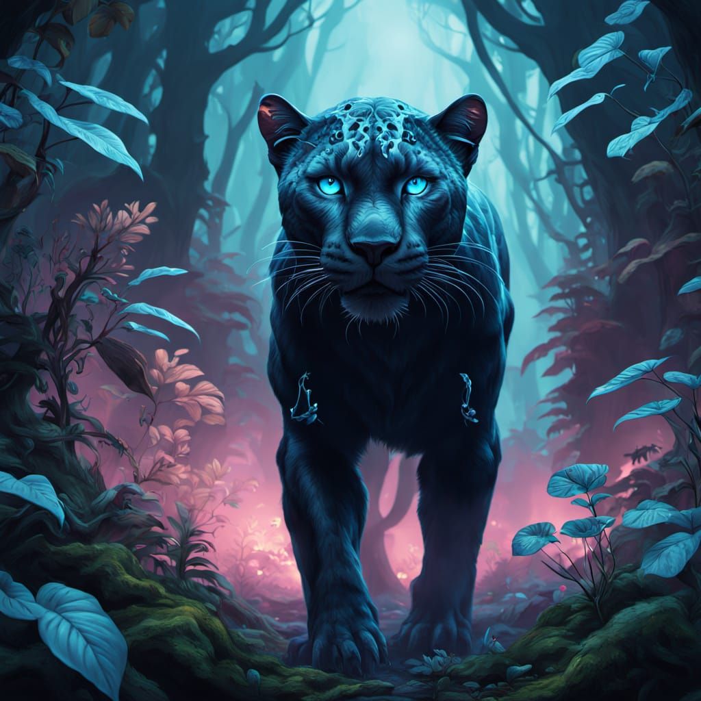 Ghostly Panther in Bioluminescent Alien Forest