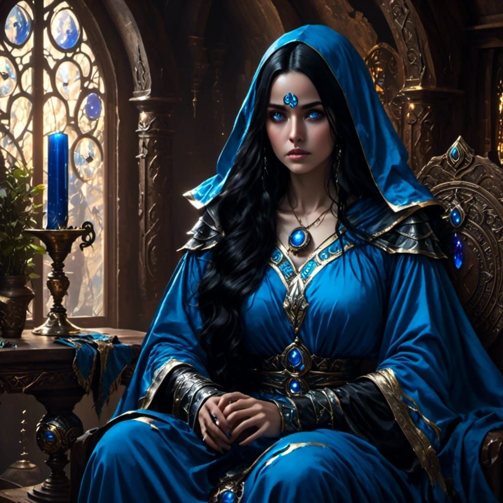 Beautiful Sorceress with Black Hair and Blue Eyes