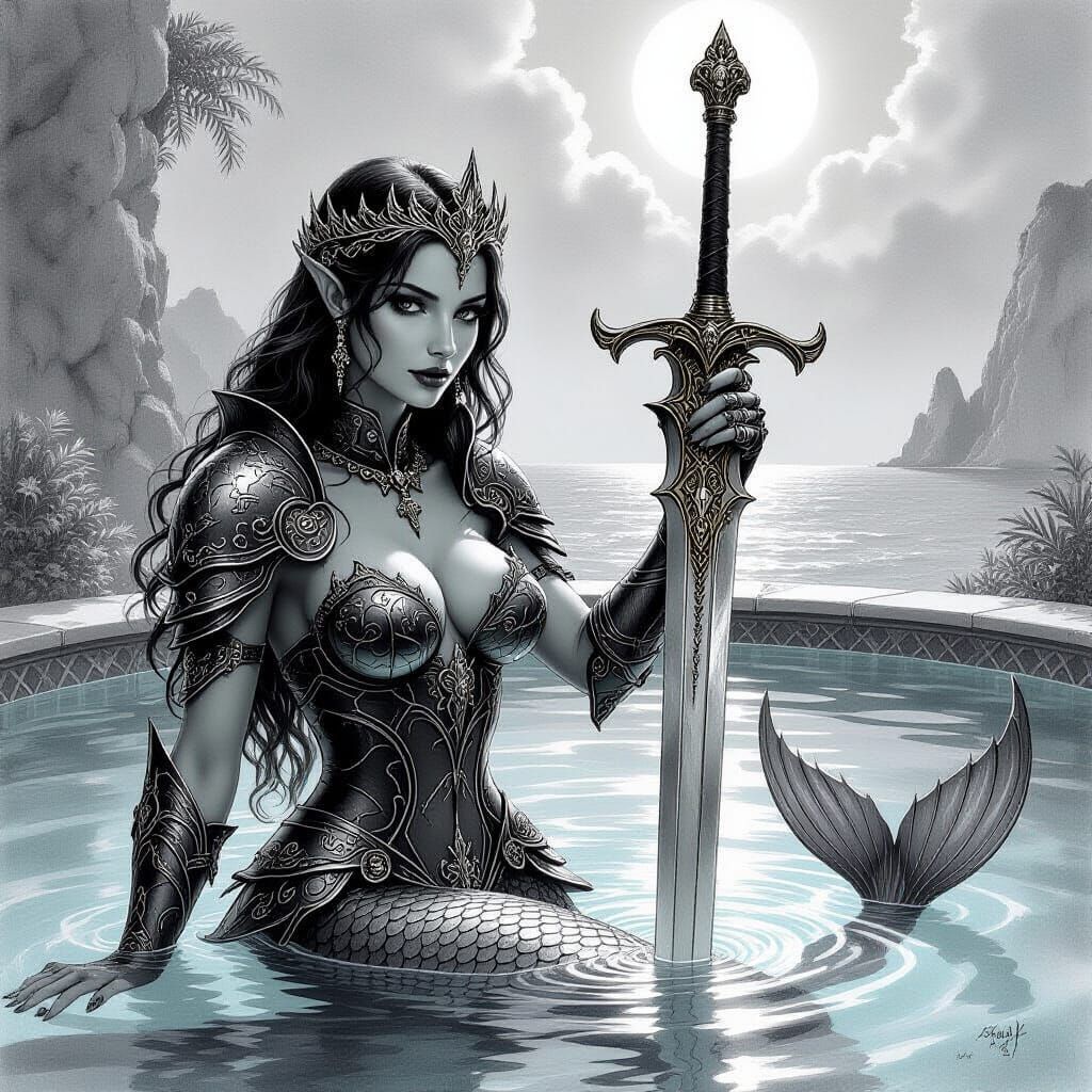 Armored Mermaid with Sword and Vampire Knight in Charcoal Dr...