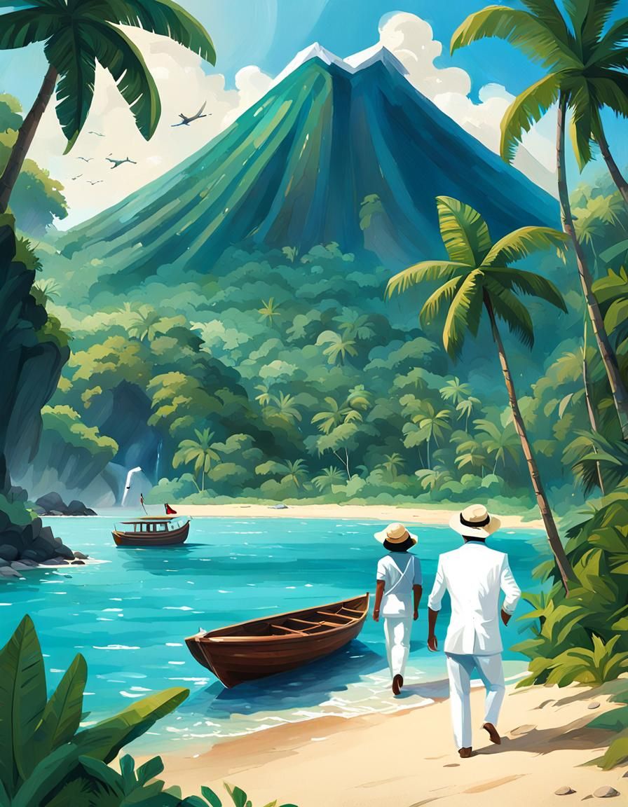 Tropical Island Volcano Scene in Oil Painting Style