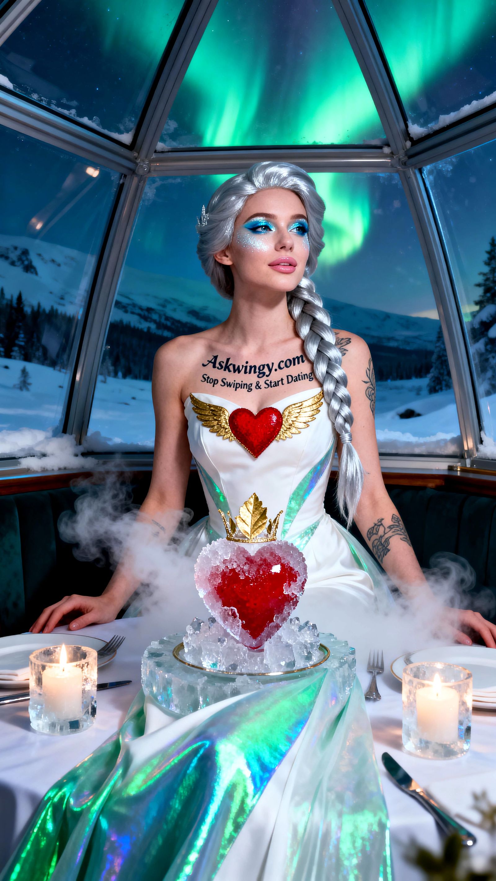 Woman in Iridescent Gown Dines Under Northern Lights
