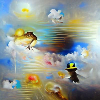 Tiny Bird in Tophat, Surrealist Dreamscape