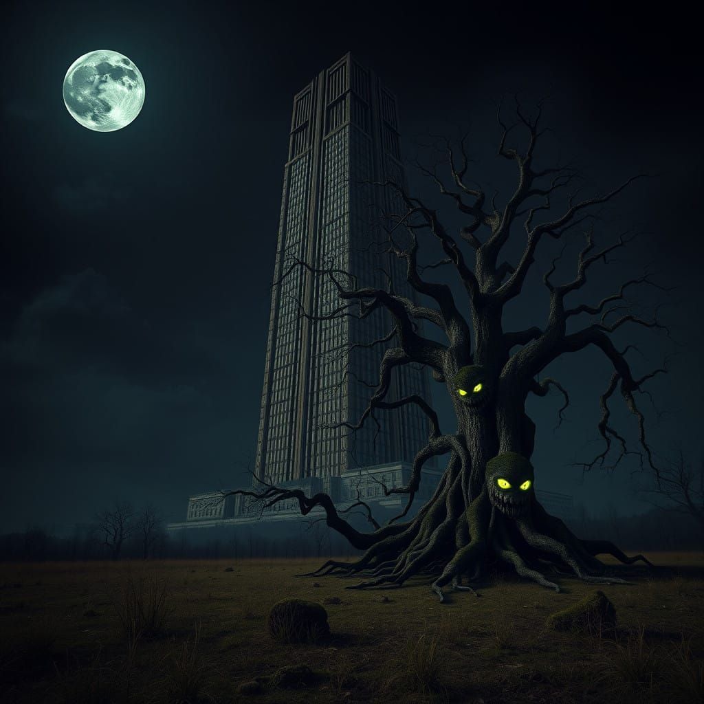 Gargantuan Skyscraper Haunts Desolate Night Landscape in Eer...