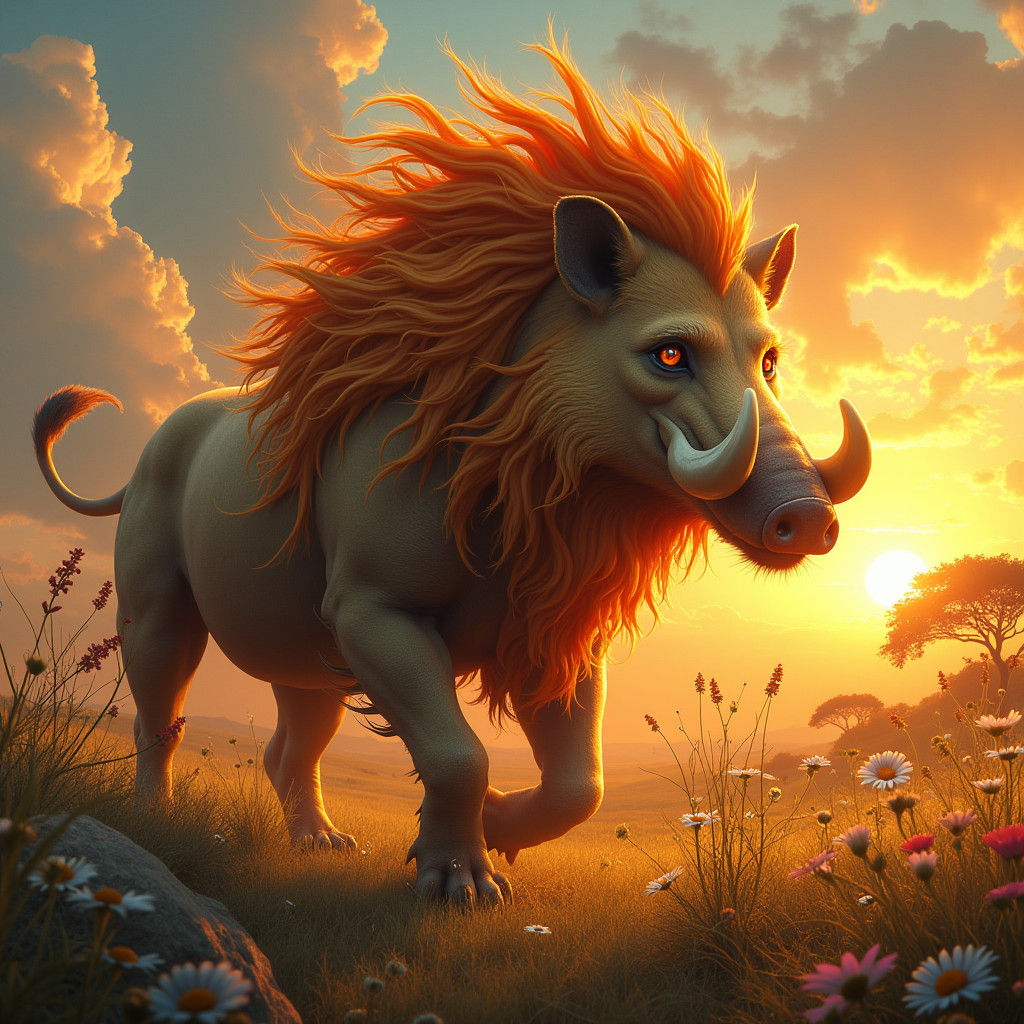 Majestic Warthog-Lion Hybrid in Fantasy Savannah