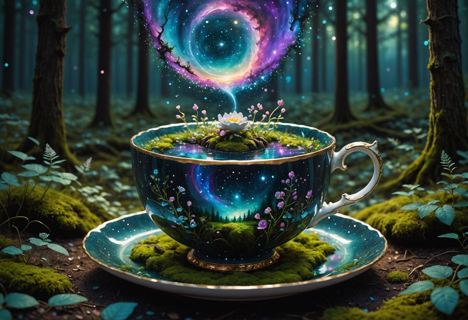 Whimsical Teacup Galaxy in Serene Forest Clearing