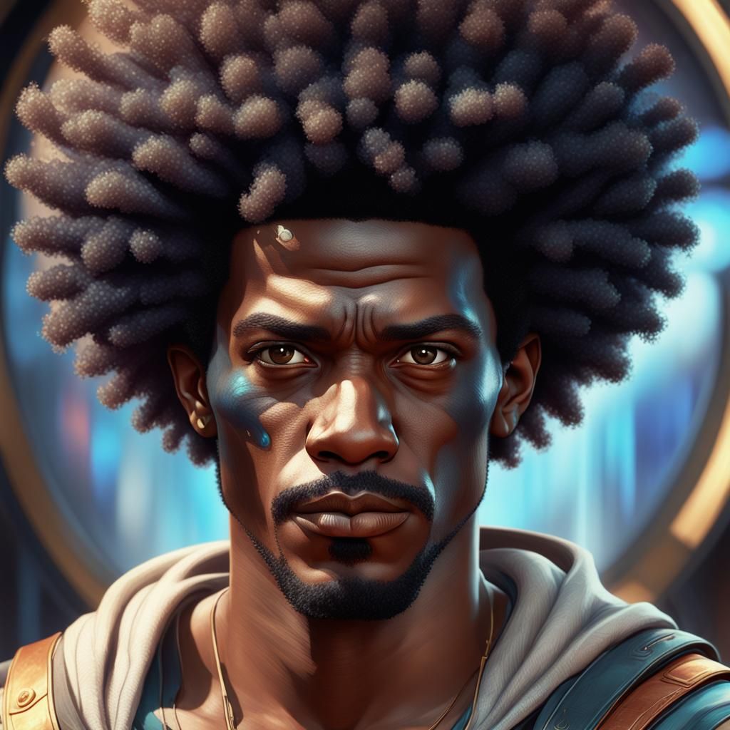 Detailed Portrait of a Man with Afro and Black Eye