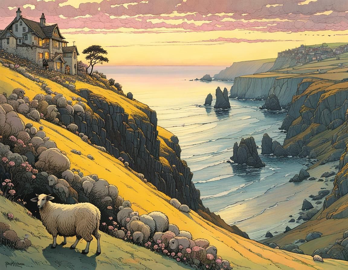 Pastoral Scene of Shepherd and Sheep at Sunset