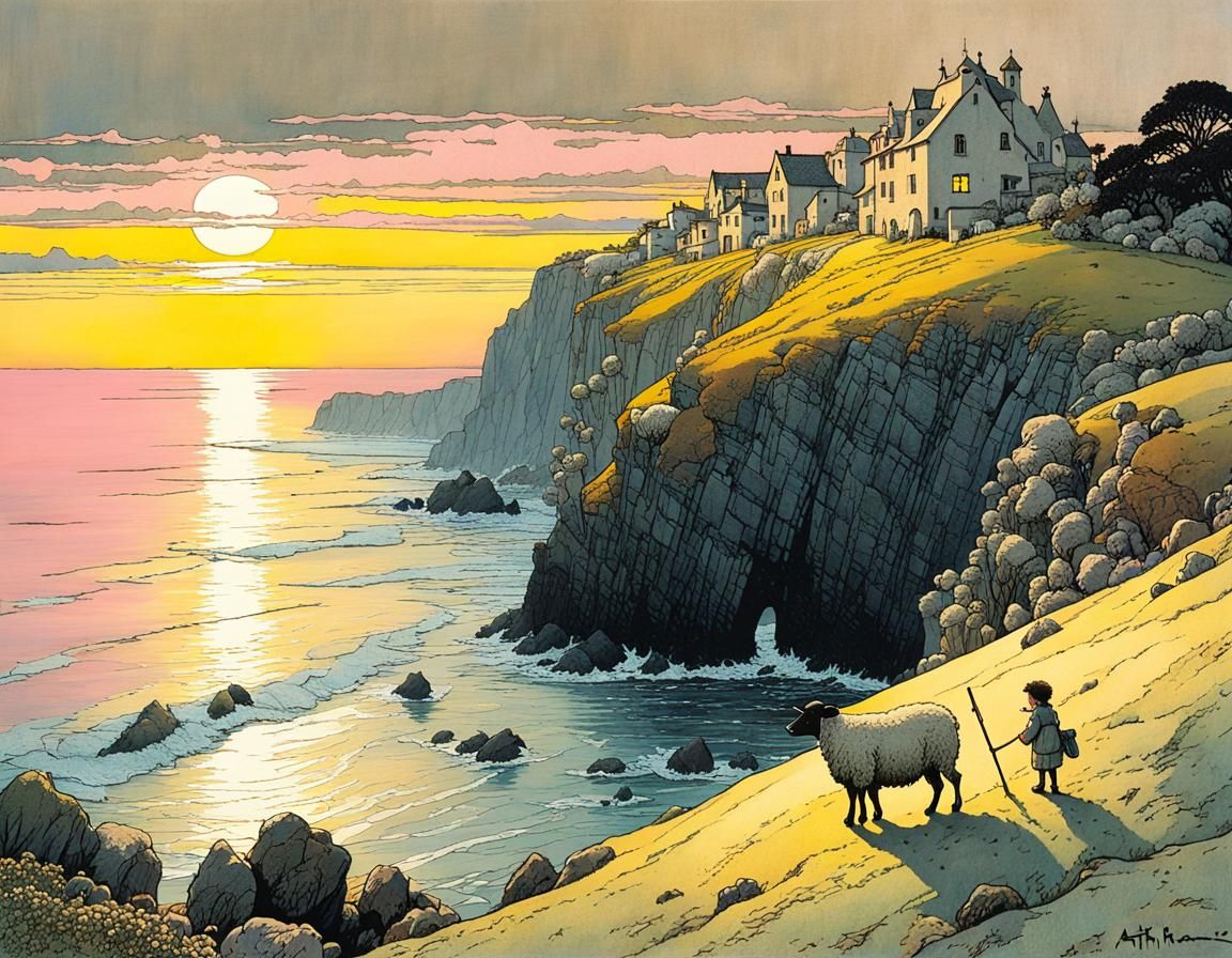 Pastoral Scene of Shepherd and Sheep at Sunset