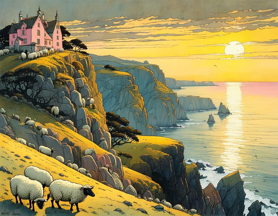 Whimsical Shepherd in Vibrant Coastal Landscape
