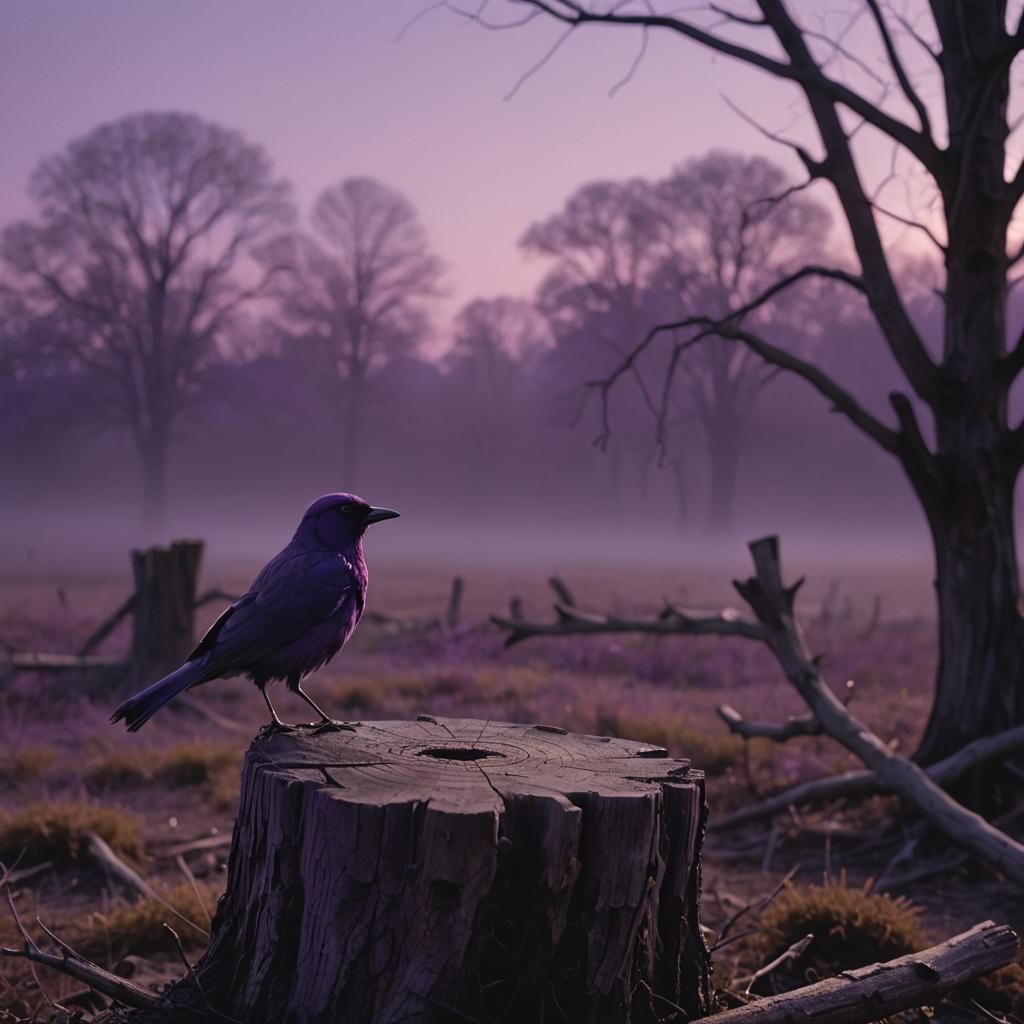 Purple Bird in Purple Landscape: Cinematic Film Still