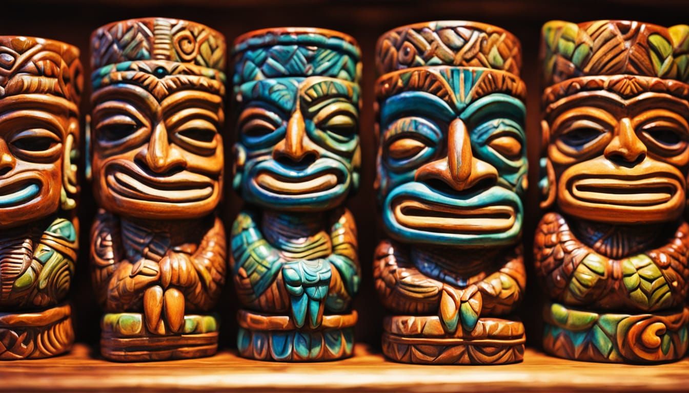Colorful Glazed Ceramic Tiki Figurines in Oil Painting Style