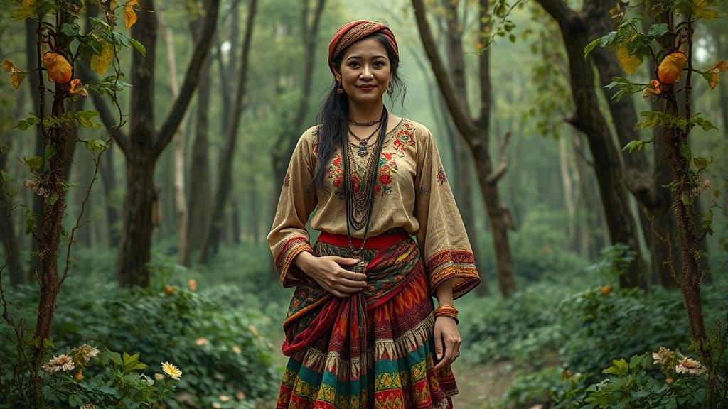 Gypsy Woman in Forest, Dreamy Art Style