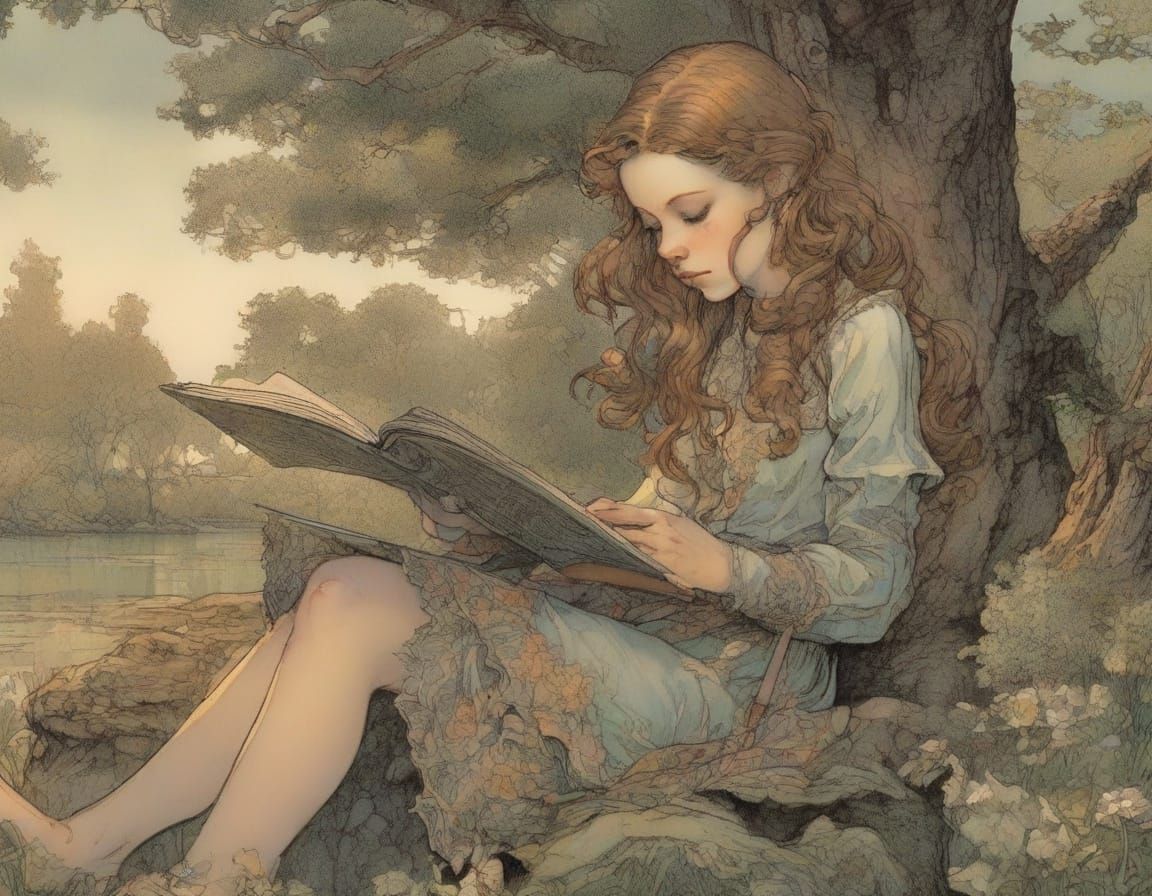 Young Girl Reading in Park, Intricate Comic Art Style