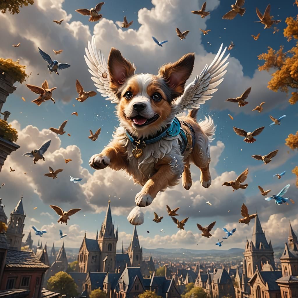 Cute Dog Angel Flying: Detailed Fantasy Art