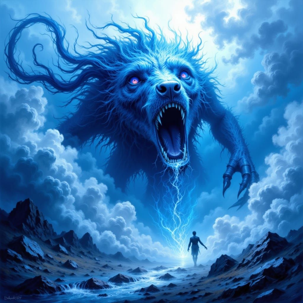 Surreal Creature Merging With Blue Fog Landscape