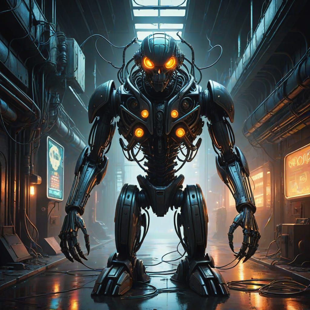 Biomechanical Cyberpunk Robot in Neon-Lit Industrial Landsca...