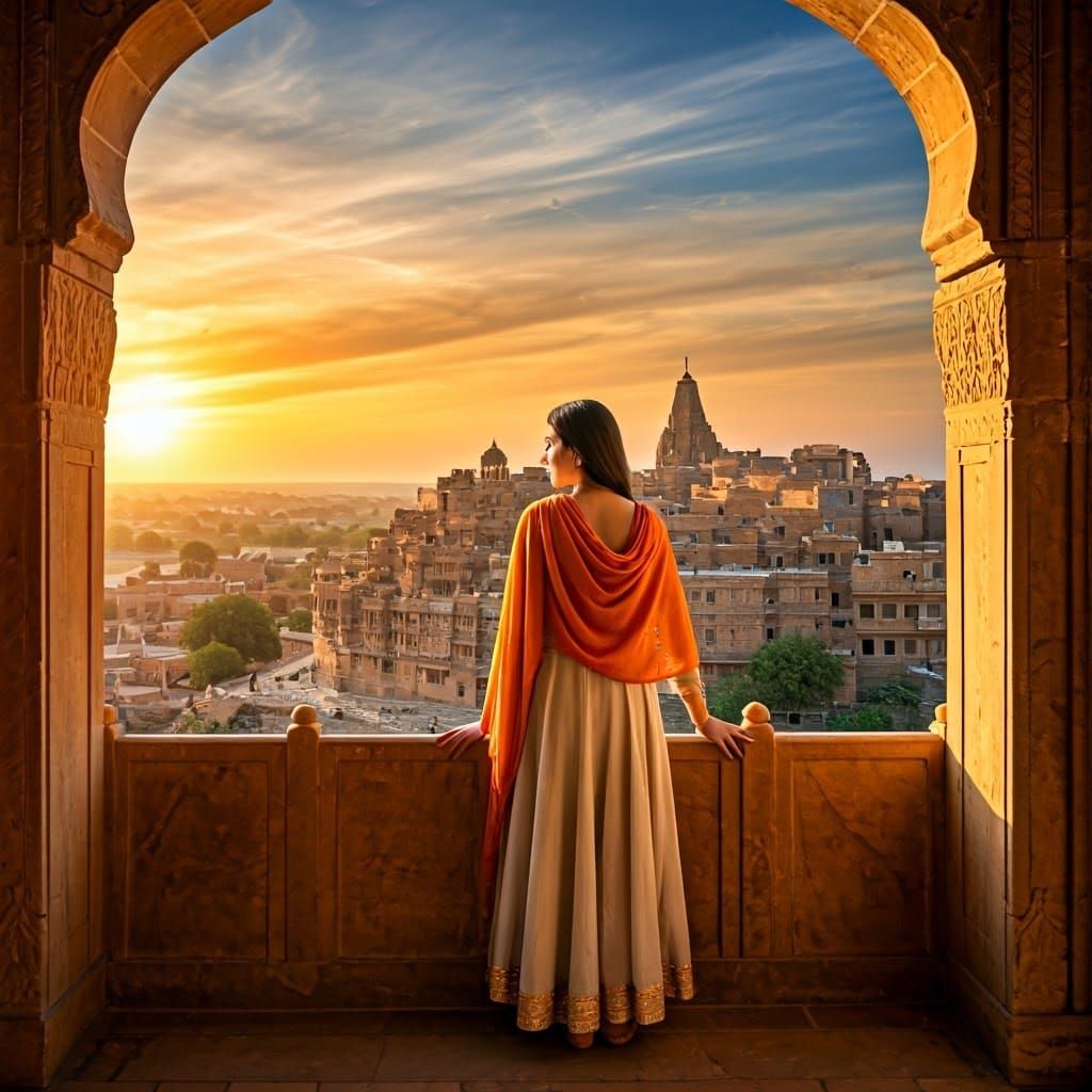 Serene Woman Admires Jaisalmer Sunset in Vibrant Indian Styl...