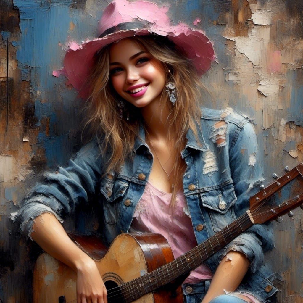 Punk Rock Girl with Guitar in Comic Book Style