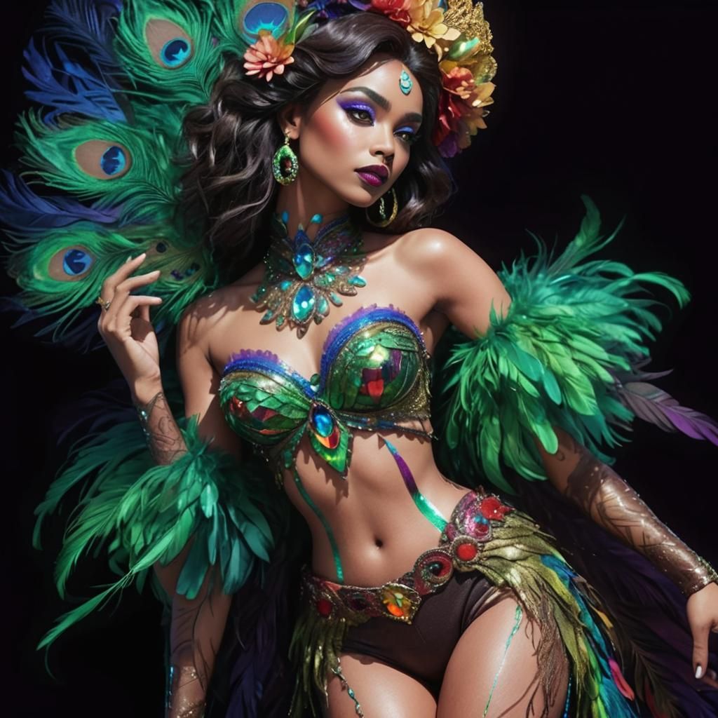 Rainbow Woman with Peacock Hair in Vibrant Concept Art
