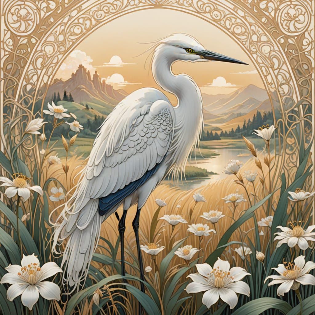Elegant Art Nouveau Egret in Golden Hues