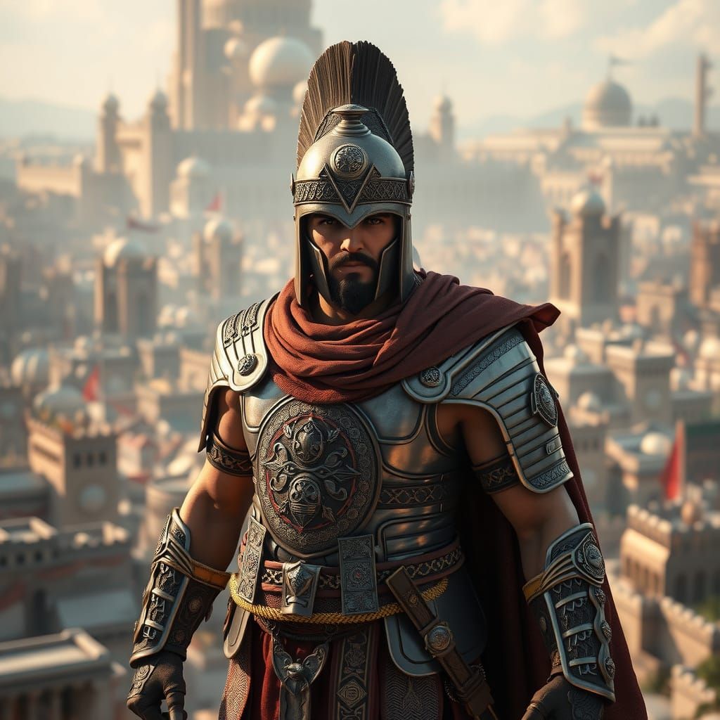 Persian Warrior in Ancient City, 3D Cinematic Style
