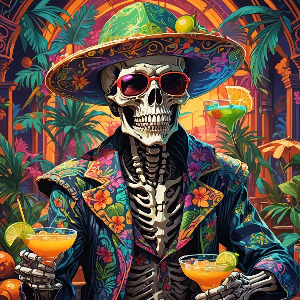 Grim Reaper on Vacation: Vibrant Art Nouveau Portrait