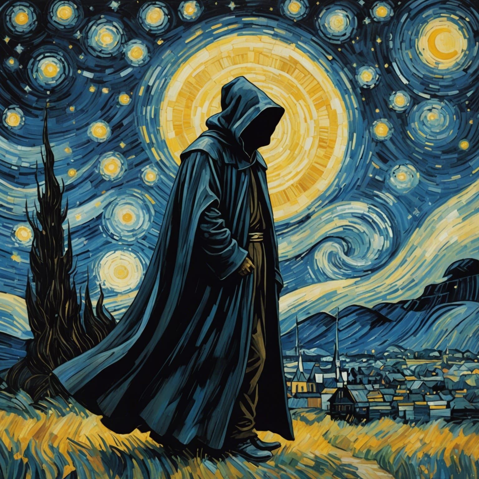 Mysterious Figure in a Swirling Starry Night