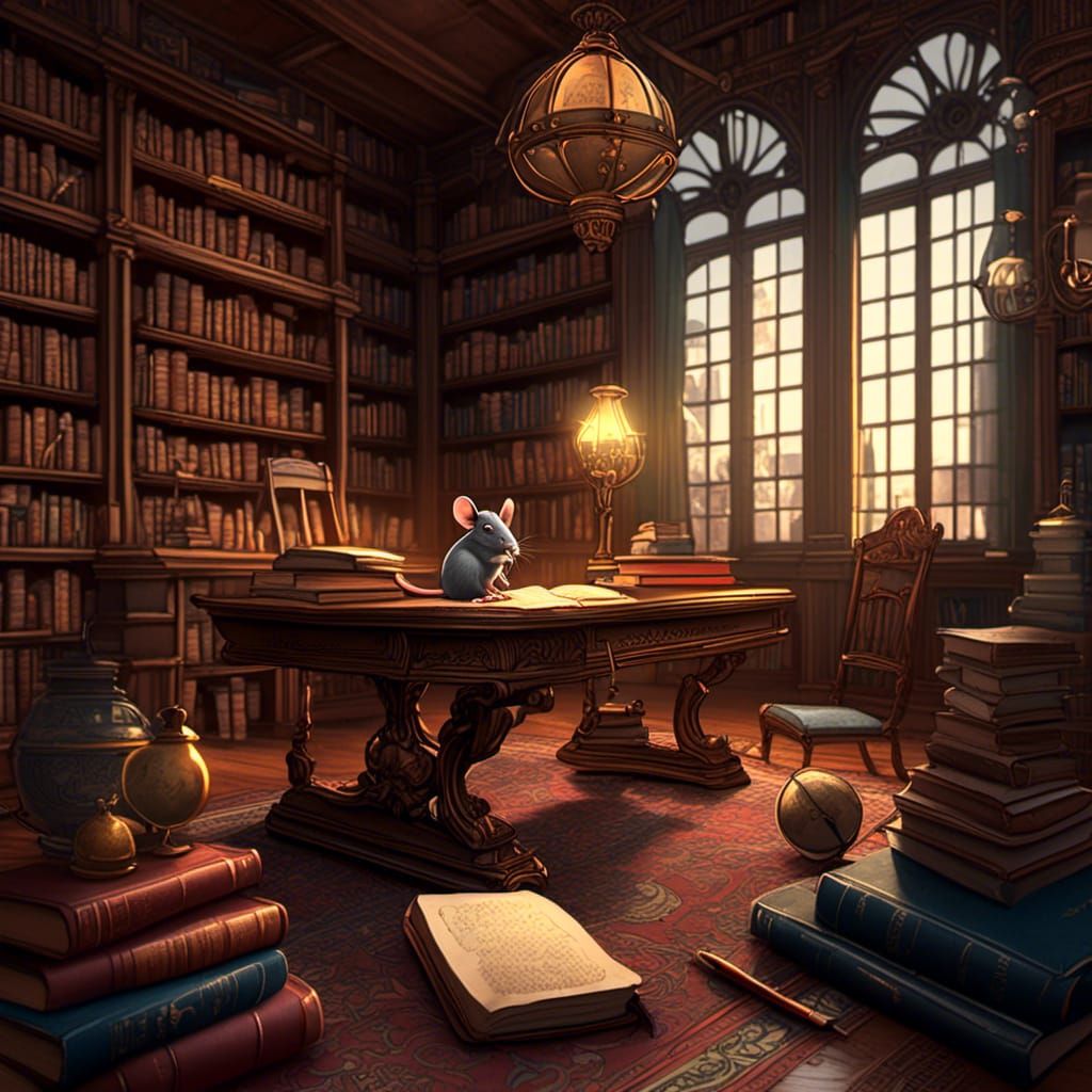 Mouse in Library: Detailed Matte Painting with Soft Lighting