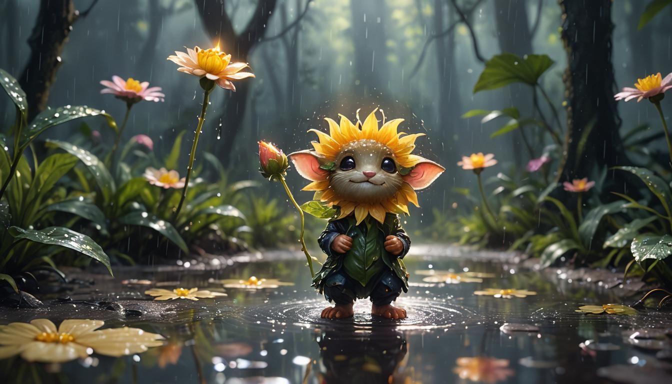 Sunlit Creature in Rainy Forest, Oil Painting