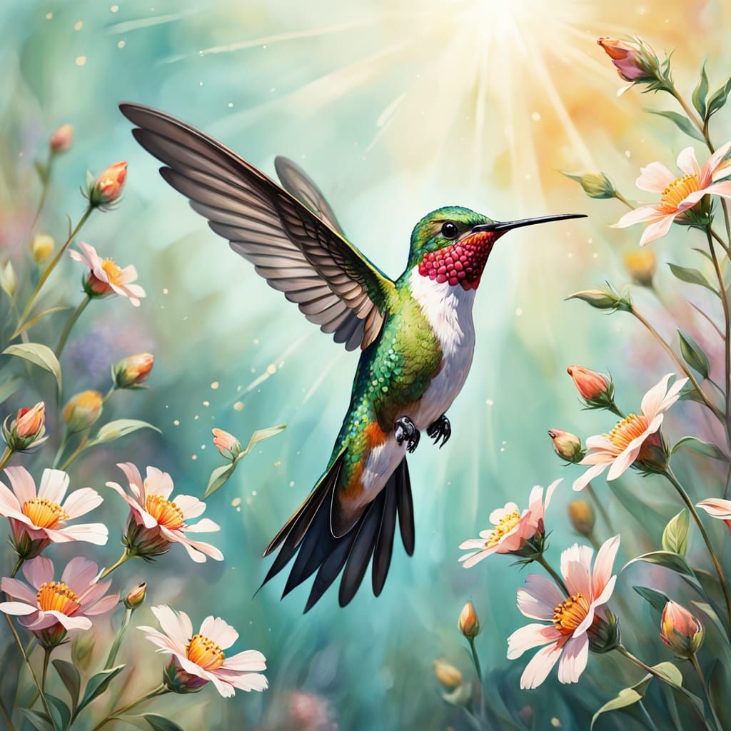 Whimsical Hummingbird in Vibrant Watercolor Style