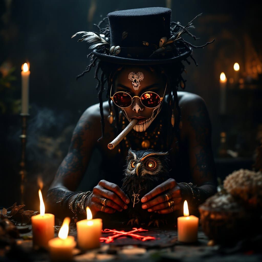 Mysterious Voodoo Priestess Sewing Doll in Dark Lodge