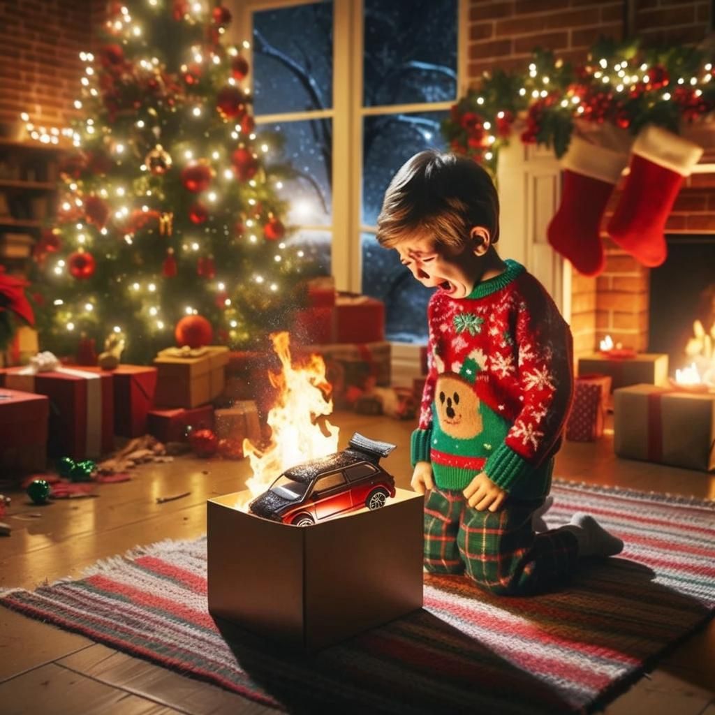 Dramatic Christmas Scene: Child, Toy Car Fire