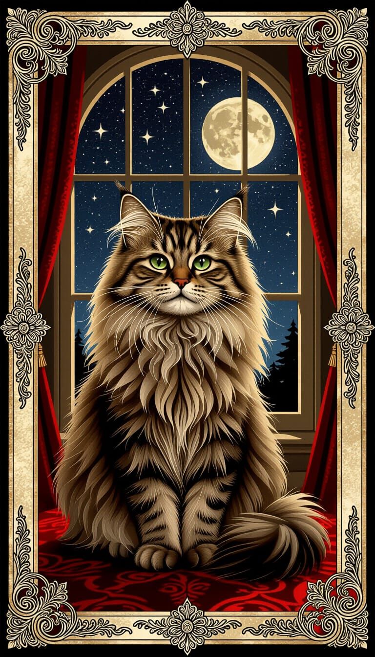 Regal Cat on Velvet Throne Under Cosmic Sky