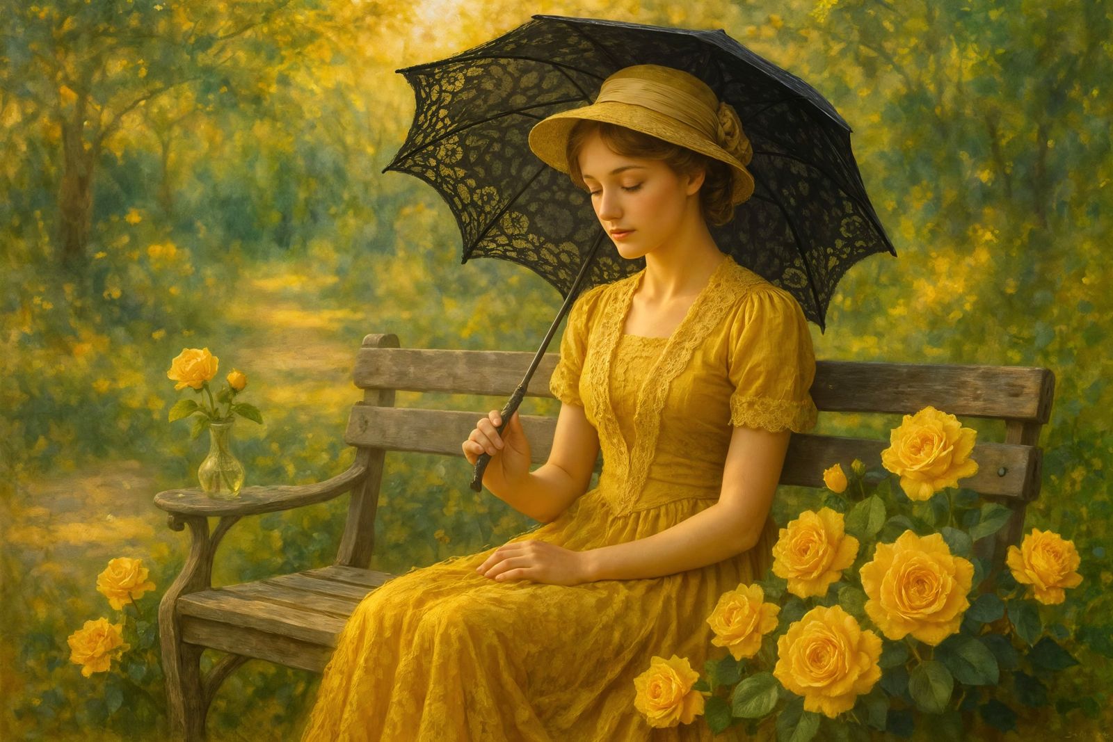 Impressionistic Garden Portrait with Roses and Sunlight