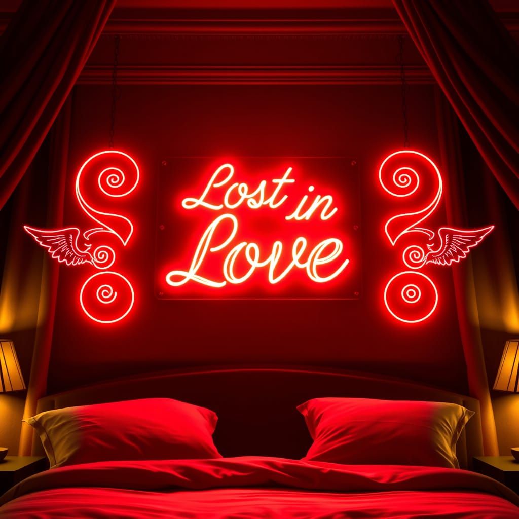 Whimsical Neon Sign in Romantic Bedroom