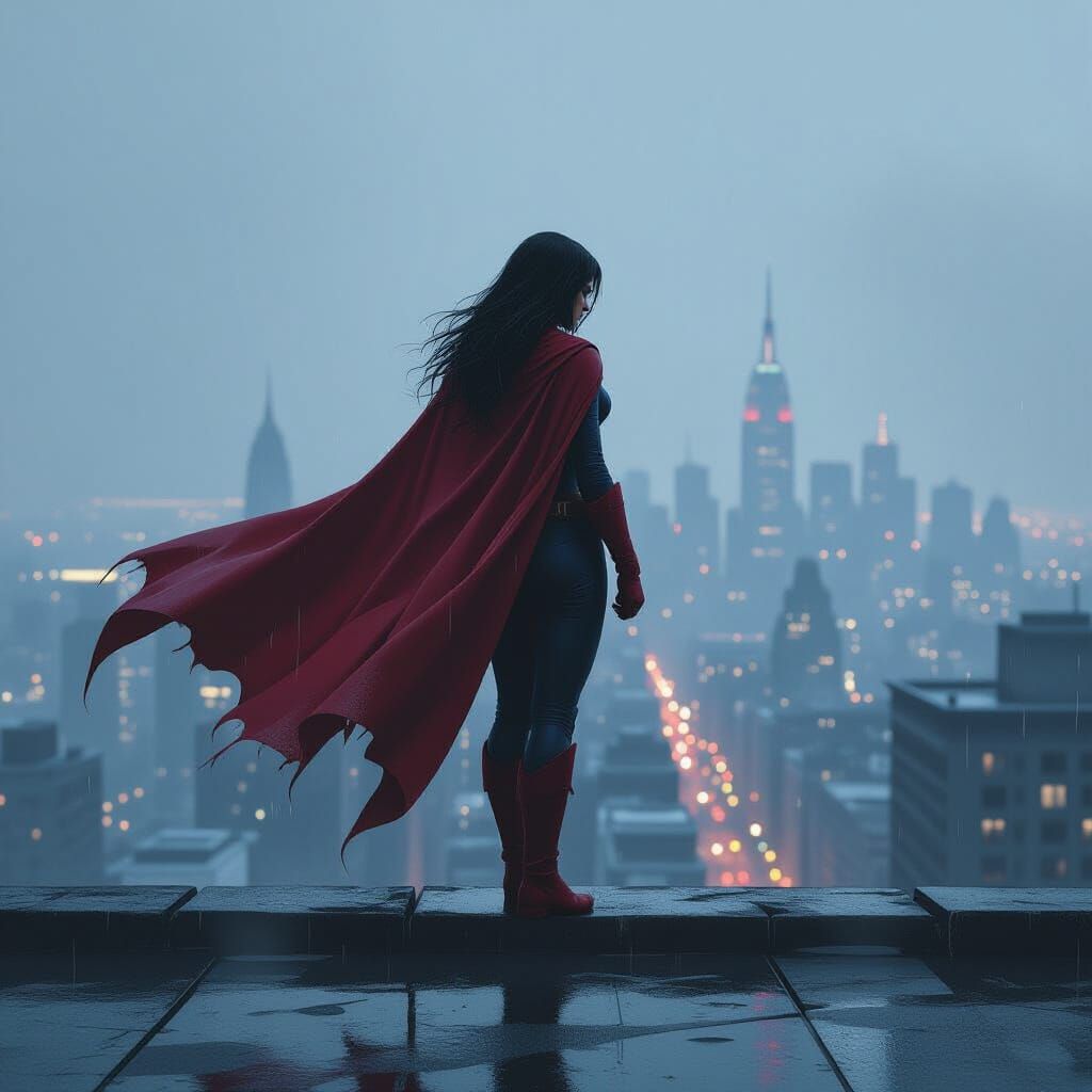 Weathered Heroine on Rooftop Overlooking Cityscape