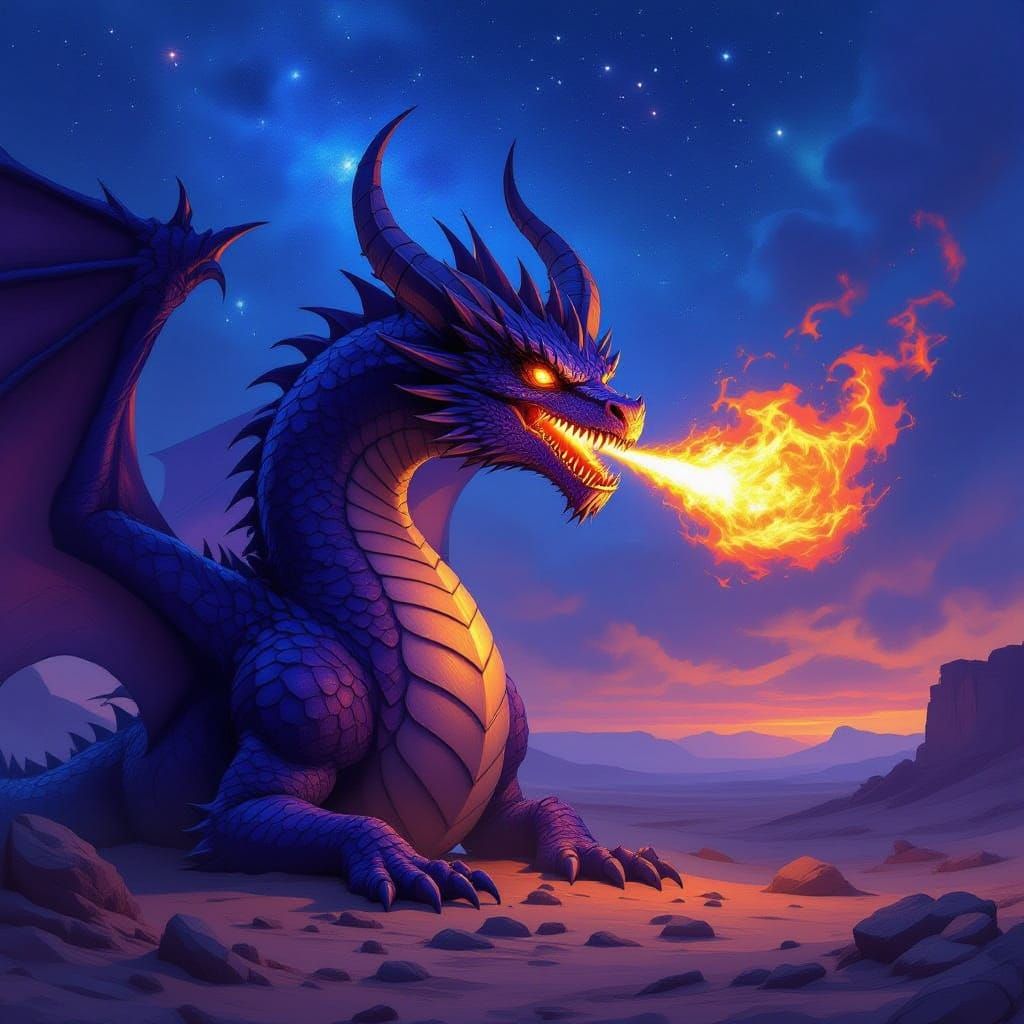 Deep Purple Dragon Coiled Under Starry Sky