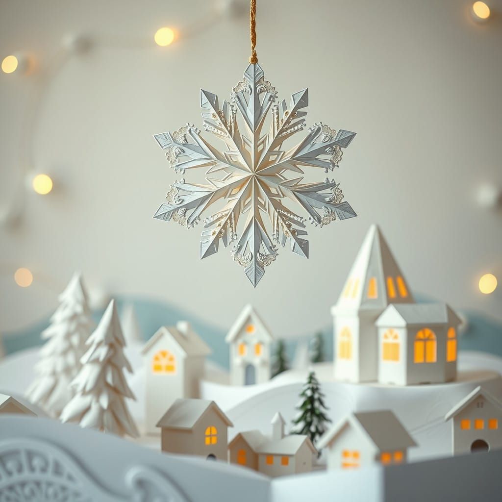 Whimsical Origami Snowflake Over Vintage Paper Village