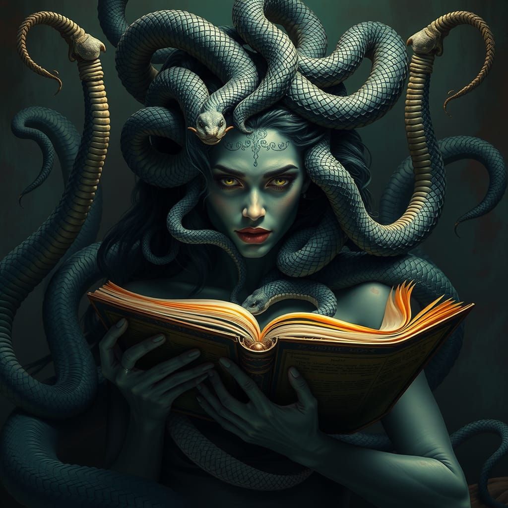 Hyperrealistic Medusa Reading with Serpents