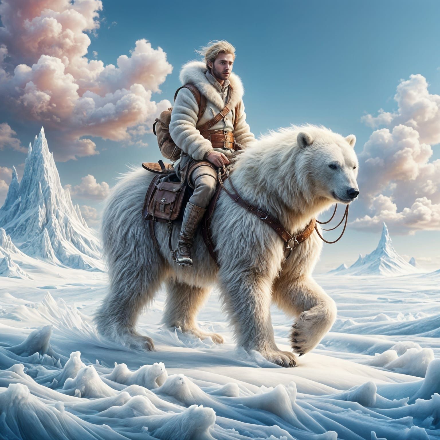 <lora:Ethereal Magic Flux:1.0> Create a stunning, cinematic scene of a young man riding a magnificent polar bear across ...