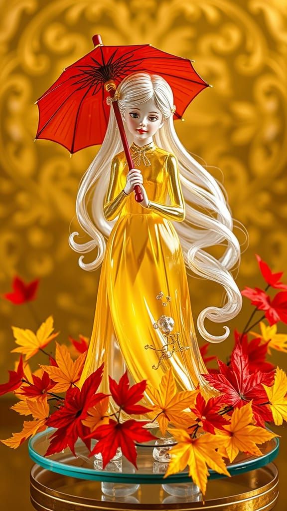Crystal Girl Figurine with Red Umbrella in Autumn Style