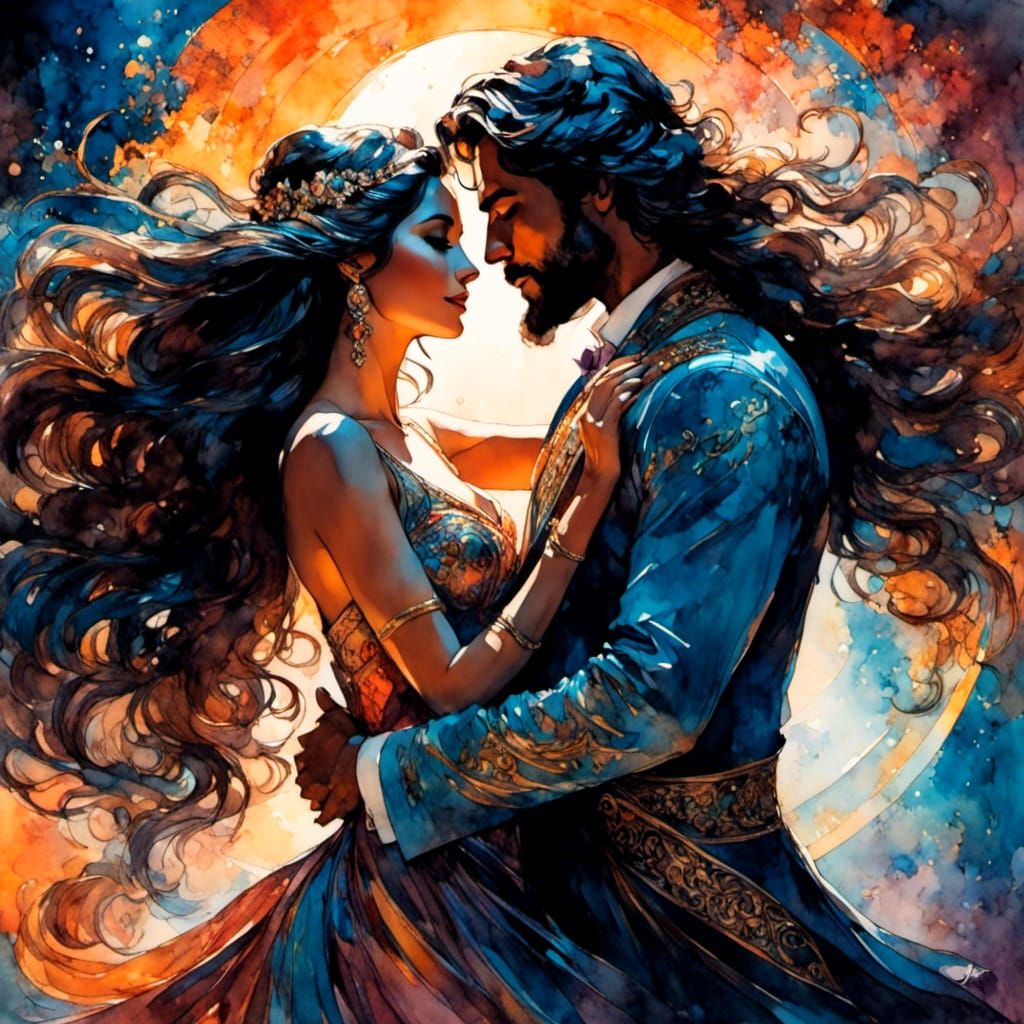 Vibrant Silhouette of Embracing Couple in Gouache