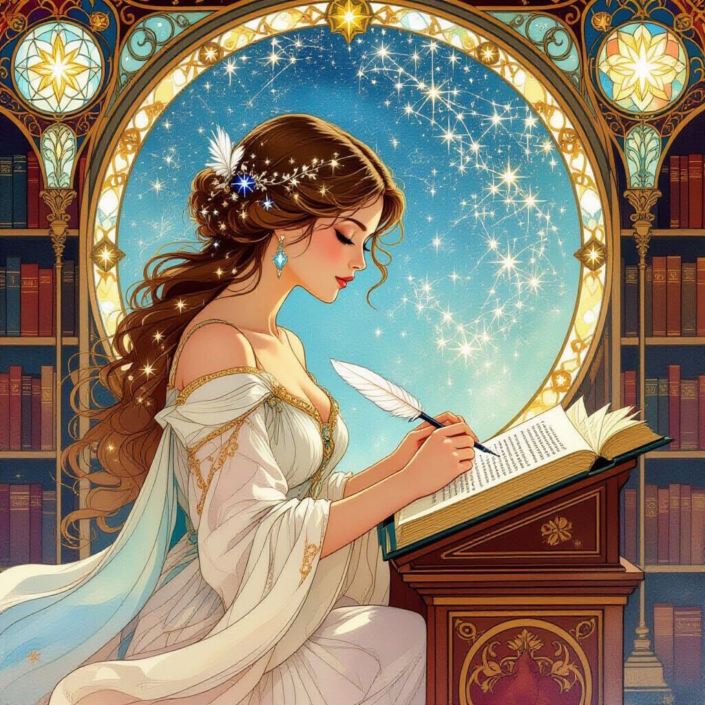 Celestial Librarian in Watercolor Art Nouveau Style