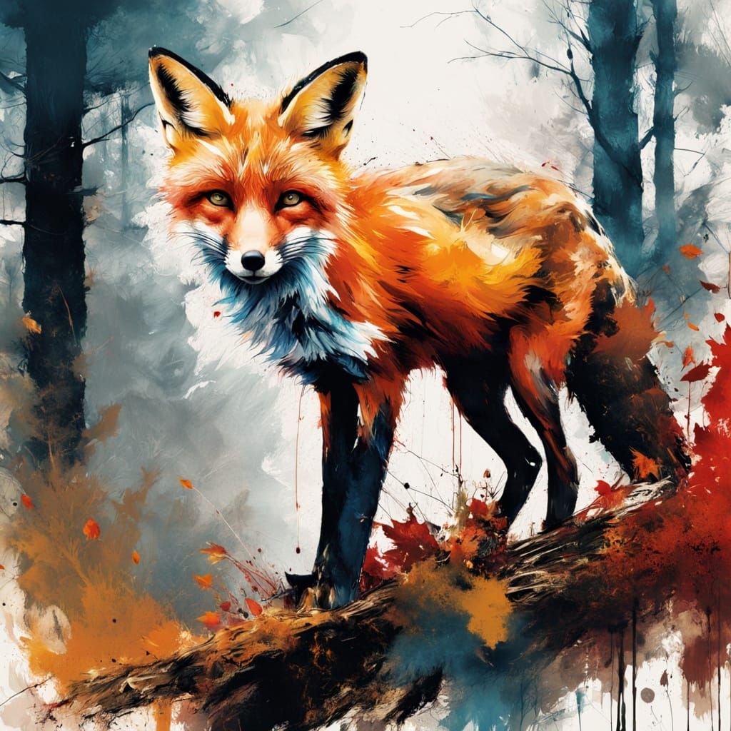 Vibrant Autumn Fox in Grunge Oil Painting